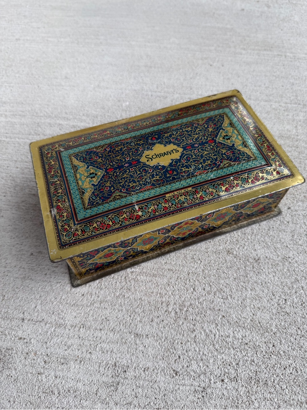 Vintage Schrafft’s Decorative Tin Box Persian Style Floral Jewelry Trinket Box